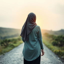 An inspiring image of a young woman wearing a flowing hijab, depicted from behind as she stands on the halfway point of a long and winding path