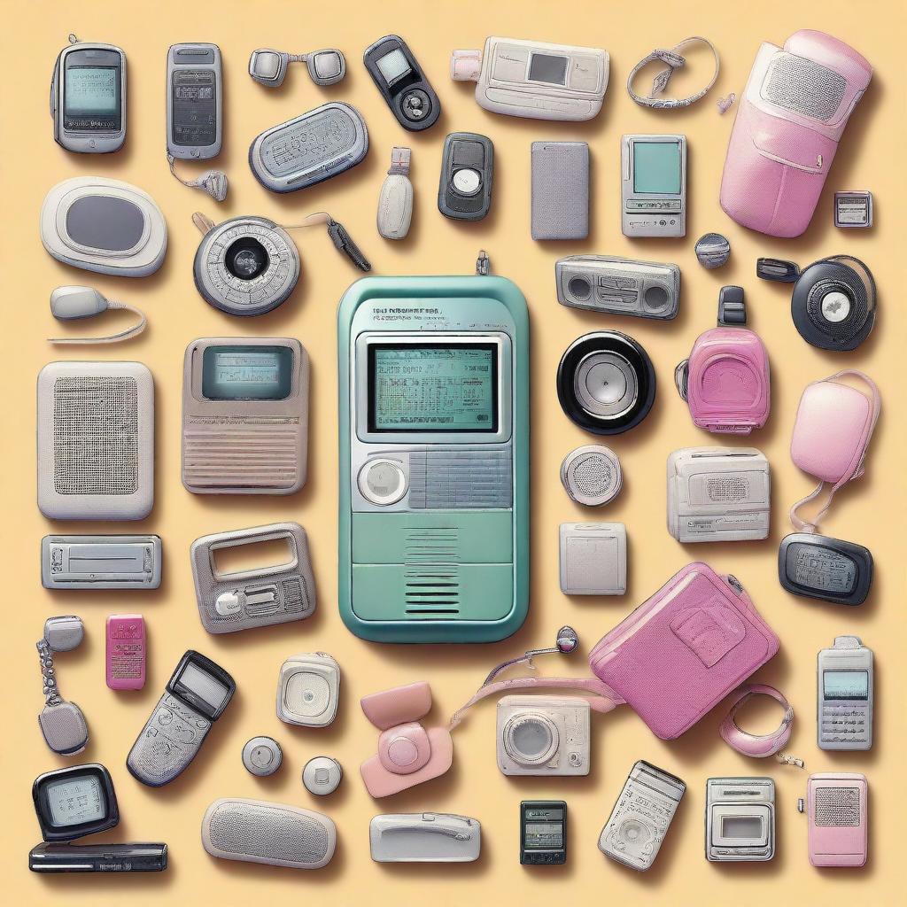 A retro-themed image capturing the essence of the year 2002, filled with iconic pop culture references, tech gadgets of the period like flip phones and early MP3 players, and the fashion style trend of the early 2000s