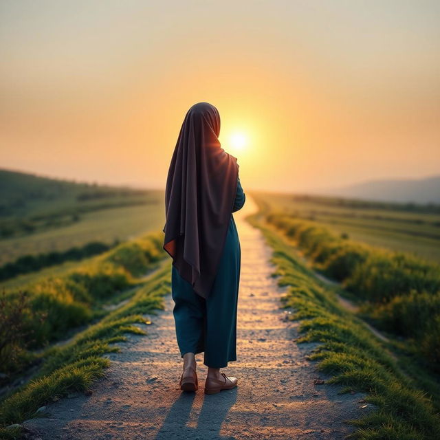 An inspiring image of a young woman wearing a flowing hijab, depicted from behind as she stands on the halfway point of a long and winding path