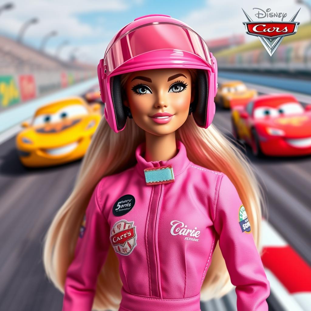 A stylish Barbie doll designed in collaboration with Disney's movie "Cars", dressed in a vibrant pink racing suit that features stylish designs and logos