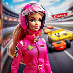 A stylish Barbie doll designed in collaboration with Disney's movie "Cars", dressed in a vibrant pink racing suit that features stylish designs and logos