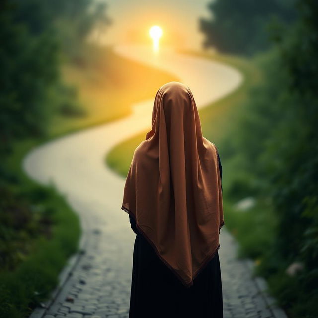 An evocative image of a young woman wearing a flowing hijab, depicted from behind as she stands at the halfway point of a winding path