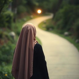 An evocative image of a young woman wearing a flowing hijab, depicted from behind as she stands at the halfway point of a winding path