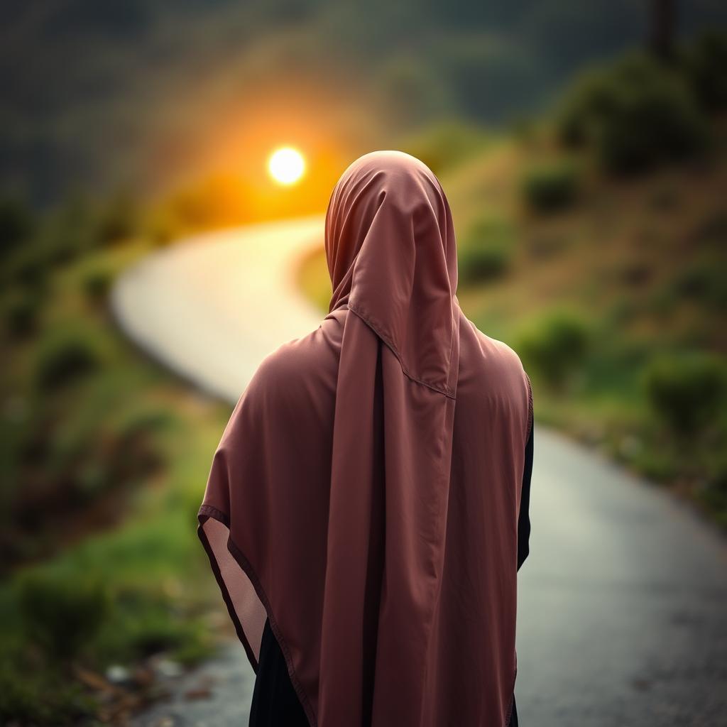 An evocative image of a young woman wearing a flowing hijab, depicted from behind as she stands at the halfway point of a winding path