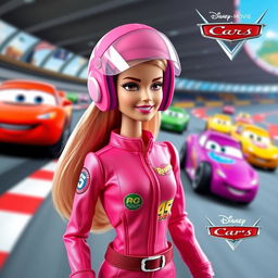 A stylish Barbie doll designed in collaboration with Disney's movie "Cars", dressed in a vibrant pink racing suit that features stylish designs and logos