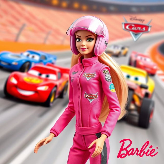 A stylish Barbie doll designed in collaboration with Disney's movie "Cars", dressed in a vibrant pink racing suit that features stylish designs and logos