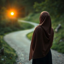 An evocative image of a young woman wearing a flowing hijab, depicted from behind as she stands at the halfway point of a winding path
