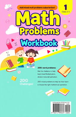 A vibrant and engaging front and back cover design for a math practice workbook aimed at class 2 and 3 students