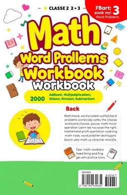 A vibrant and engaging front and back cover design for a math practice workbook aimed at class 2 and 3 students