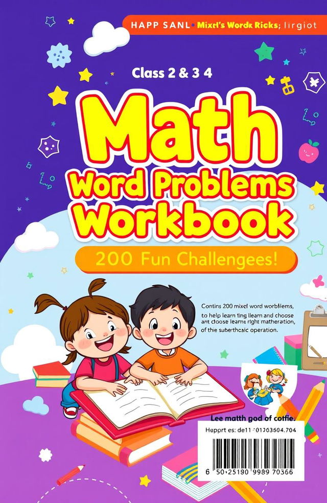 A vibrant and engaging front and back cover design for a math practice workbook aimed at class 2 and 3 students