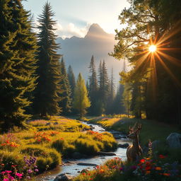 A beautiful, enchanting forest scene during golden hour, with sunlight filtering through thick, lush green trees