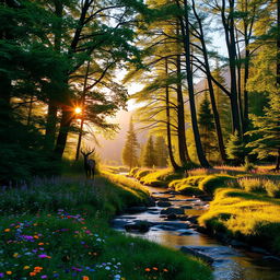 A beautiful, enchanting forest scene during golden hour, with sunlight filtering through thick, lush green trees