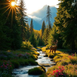A beautiful, enchanting forest scene during golden hour, with sunlight filtering through thick, lush green trees