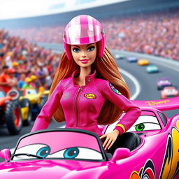 A stylish Barbie doll designed in collaboration with Disney's movie "Cars", dressed in a vibrant pink racing suit that features fun designs and colorful logos