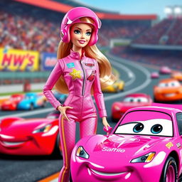 A stylish Barbie doll designed in collaboration with Disney's movie "Cars", dressed in a vibrant pink racing suit that features fun designs and colorful logos