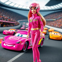 A stylish Barbie doll designed in collaboration with Disney's movie "Cars", dressed in a vibrant pink racing suit that features fun designs and colorful logos