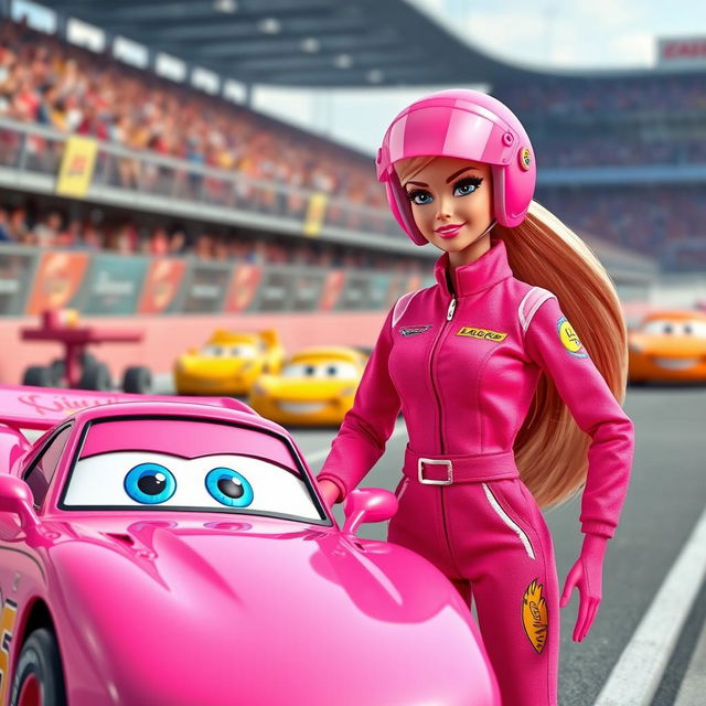 A stylish Barbie doll designed in collaboration with Disney's movie "Cars", dressed in a vibrant pink racing suit that features fun designs and colorful logos