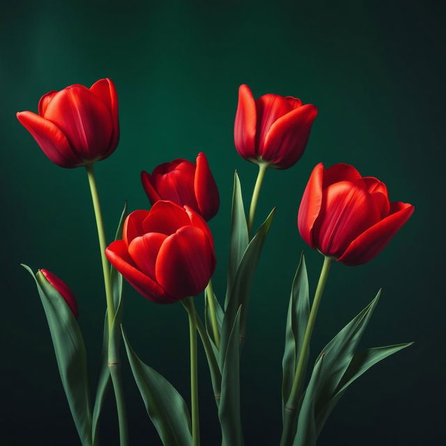 A captivating wallpaper featuring large, voluminous bright red tulips against a dark green background