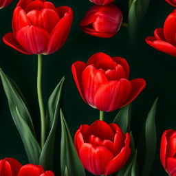 A captivating wallpaper featuring large, voluminous bright red tulips against a dark green background