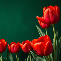 A captivating wallpaper featuring large, voluminous bright red tulips against a dark green background