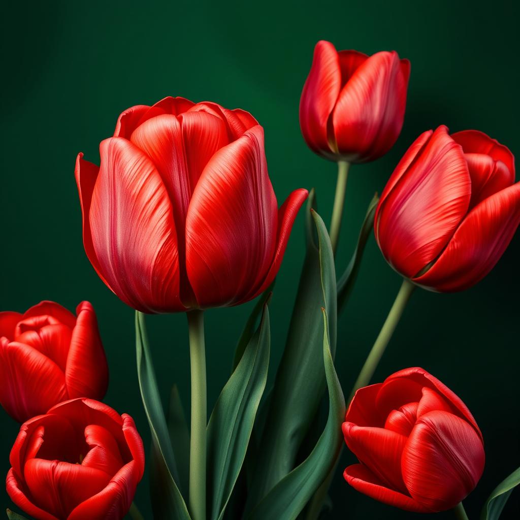 A captivating wallpaper featuring large, voluminous bright red tulips against a dark green background