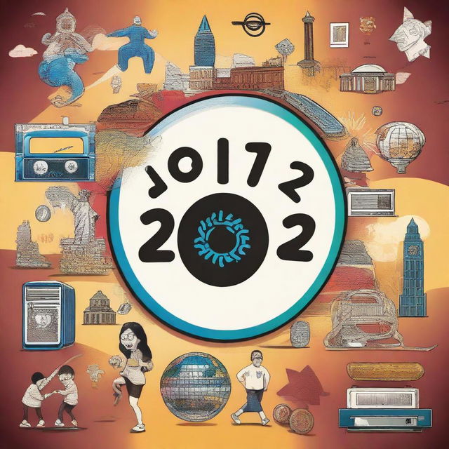 An eclectic image embodying the year 2012, highlighted with pop culture symbols like Gangnam Style dance, the London Olympic Games logo, Mayan calendar end-of-the-world prophecy, and popular tech items like the iPhone 5