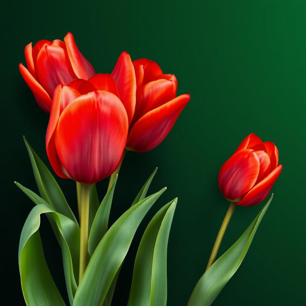 A stunning wallpaper design featuring large voluminous bright red tulips on one side of a dark green background