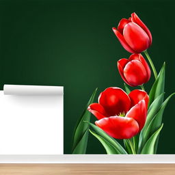 A stunning wallpaper design featuring large voluminous bright red tulips on one side of a dark green background
