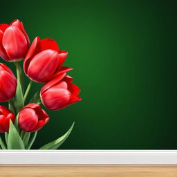 A stunning wallpaper design featuring large voluminous bright red tulips on one side of a dark green background