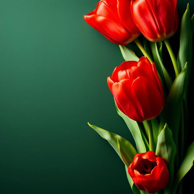 A stunning wallpaper design featuring large voluminous bright red tulips on one side of a dark green background