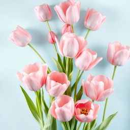 A stunning wallpaper design featuring a soft blue background on one side, seamlessly blending into a vibrant display of large, voluminous, soft pink tulips