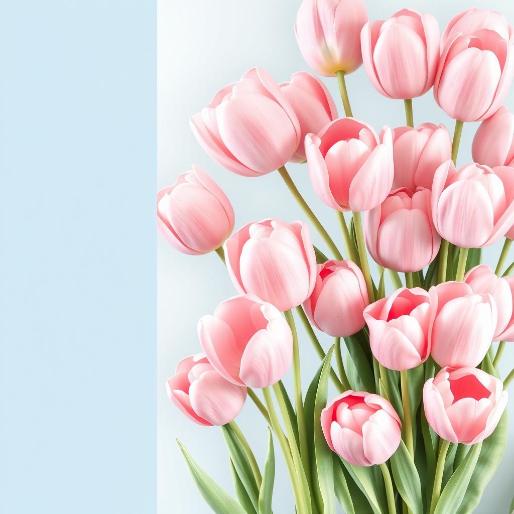 A stunning wallpaper design featuring a soft blue background on one side, seamlessly blending into a vibrant display of large, voluminous, soft pink tulips