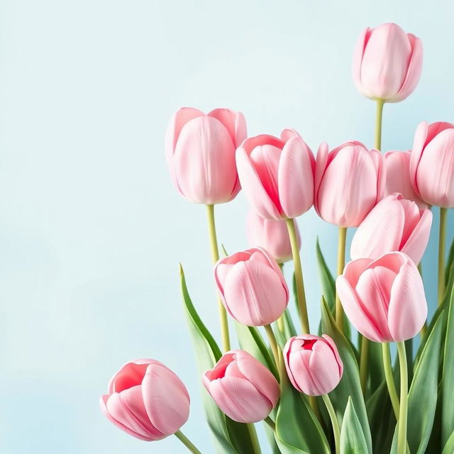 A stunning wallpaper design featuring a soft blue background on one side, seamlessly blending into a vibrant display of large, voluminous, soft pink tulips