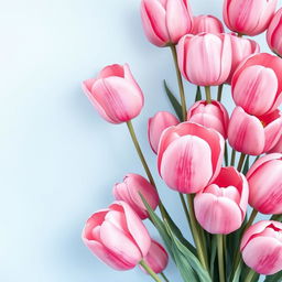 A stunning wallpaper design featuring a soft blue background on one side, seamlessly blending into a vibrant display of large, voluminous, soft pink tulips
