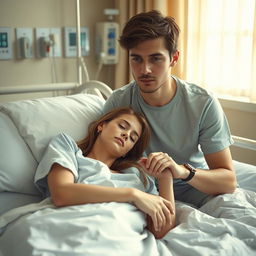 A young woman lying in a hospital bed, appearing serene yet delicate