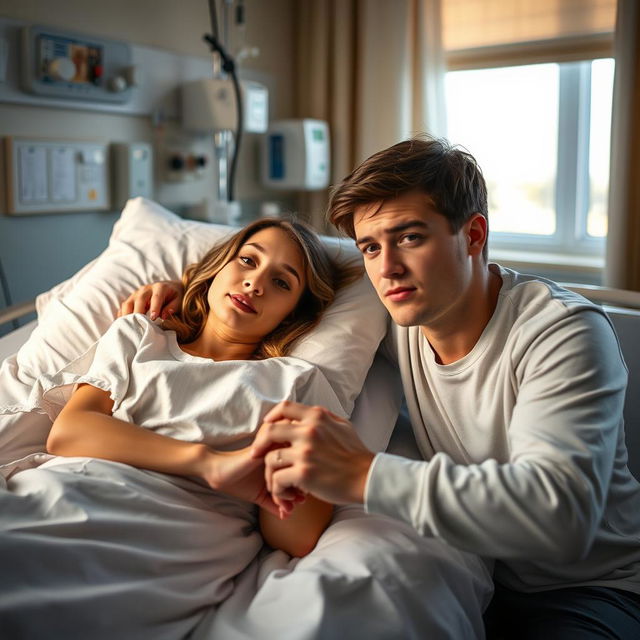 A young woman lying in a hospital bed, appearing serene yet delicate