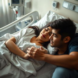 A beautiful Mexican woman lying in a hospital bed, wearing a soft hospital gown, her hair gently cascading over the pillow