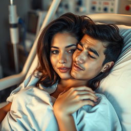 A beautiful Mexican woman lying in a hospital bed, wearing a soft hospital gown, her hair gently cascading over the pillow