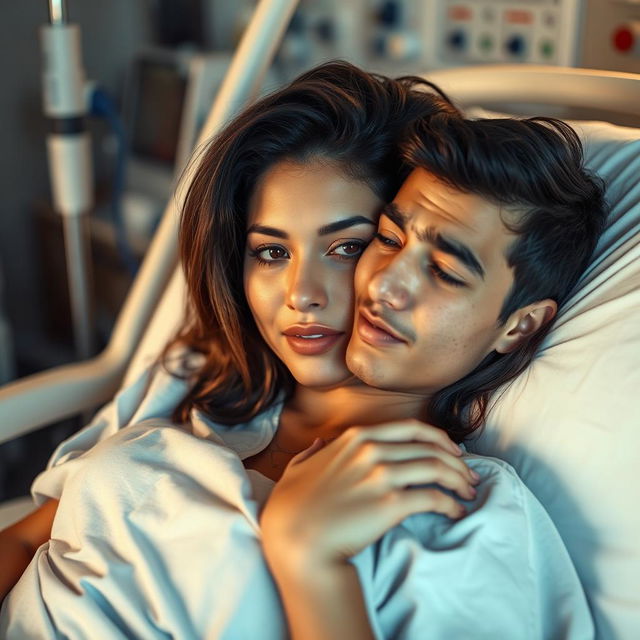 A beautiful Mexican woman lying in a hospital bed, wearing a soft hospital gown, her hair gently cascading over the pillow