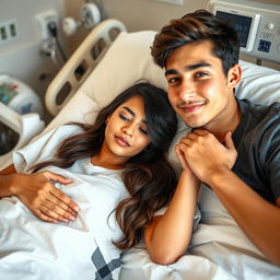 A beautiful Mexican woman lying in a hospital bed, wearing a soft hospital gown, her hair gently cascading over the pillow