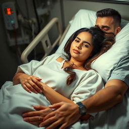 A beautiful Mexican woman lying in a hospital bed, wearing a soft hospital gown, her hair gently cascading over the pillow