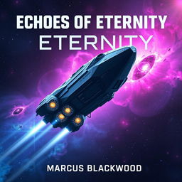 A captivating book cover design for 'Echoes of Eternity' by Marcus Blackwood, featuring a stunning, massive starship soaring through the depths of space