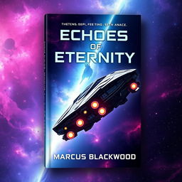 A captivating book cover design for 'Echoes of Eternity' by Marcus Blackwood, featuring a stunning, massive starship soaring through the depths of space
