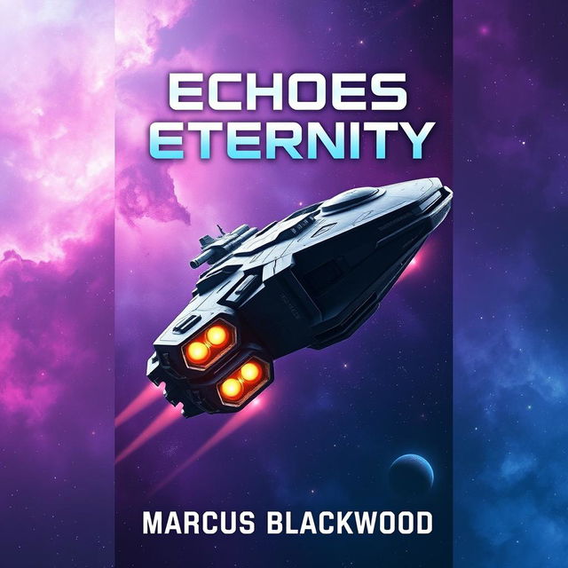 A captivating book cover design for 'Echoes of Eternity' by Marcus Blackwood, featuring a stunning, massive starship soaring through the depths of space