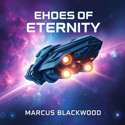 A captivating book cover design for 'Echoes of Eternity' by Marcus Blackwood, featuring a stunning, massive starship soaring through the depths of space