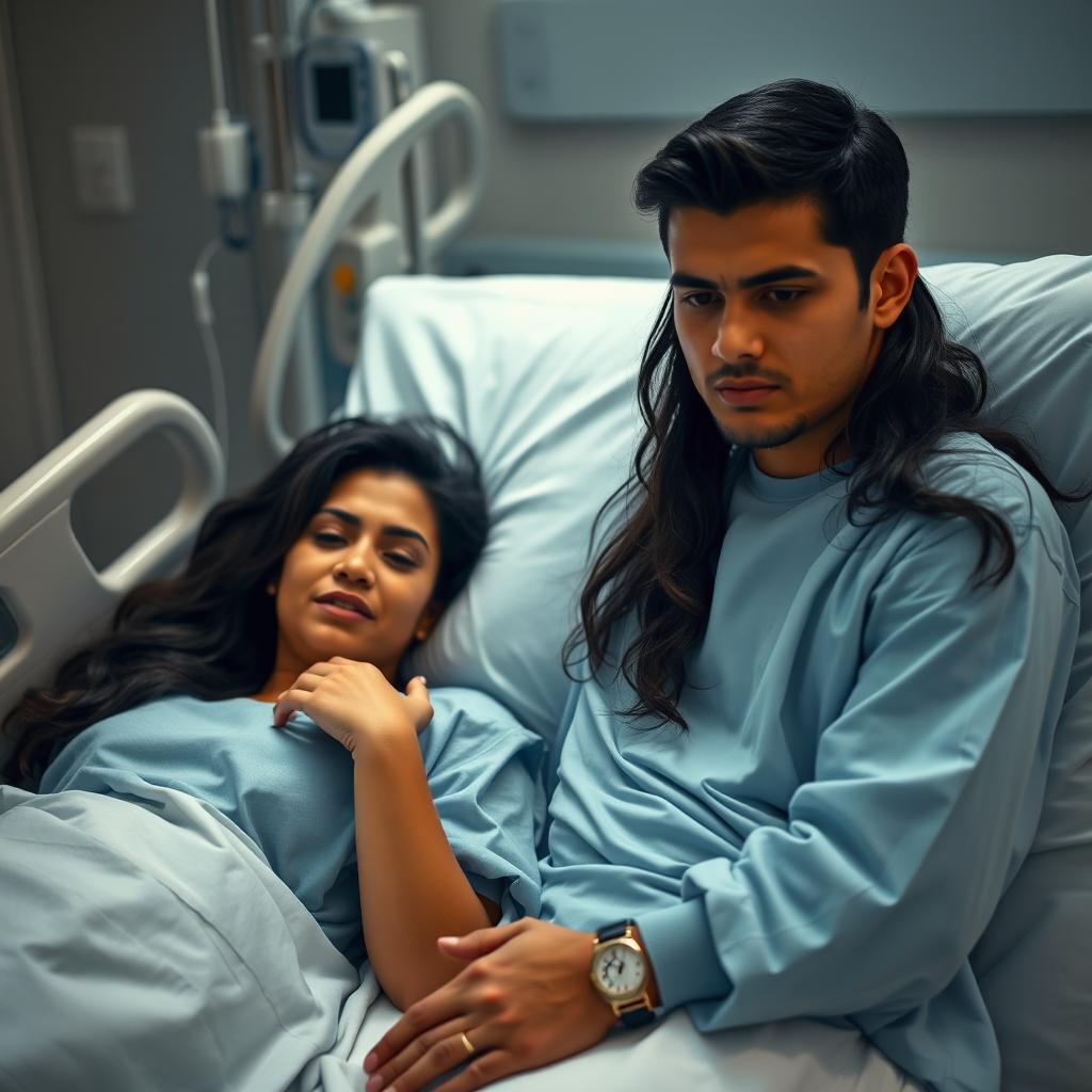 A beautiful Mexican woman lying in a hospital bed, dressed in a light blue hospital gown