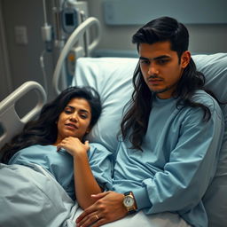 A beautiful Mexican woman lying in a hospital bed, dressed in a light blue hospital gown