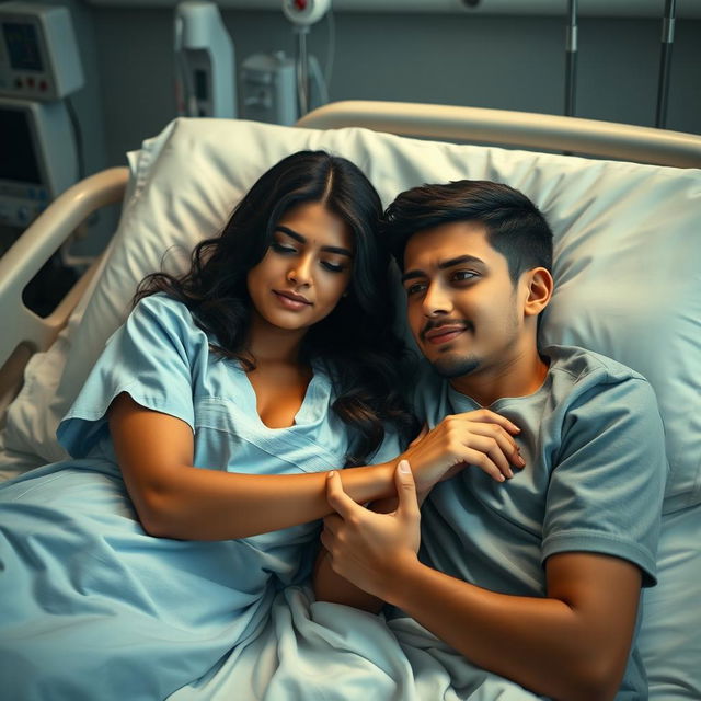 A beautiful Mexican woman lying in a hospital bed, dressed in a light blue hospital gown