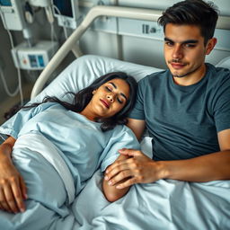 A beautiful Mexican woman lying in a hospital bed, dressed in a light blue hospital gown