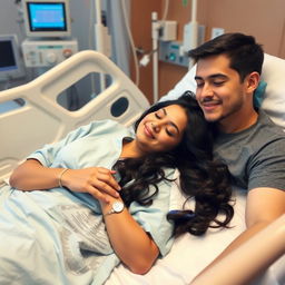 A Mexican woman peacefully lying in a hospital bed, wearing a light blue hospital gown with her long wavy black hair spread around her